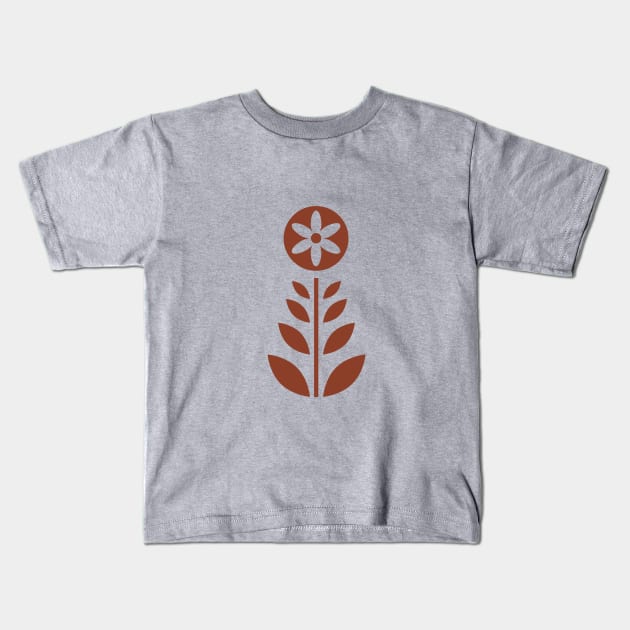 Scandinavian Retro Flowers Umber Brown on Beige Kids T-Shirt by Pinkdeer